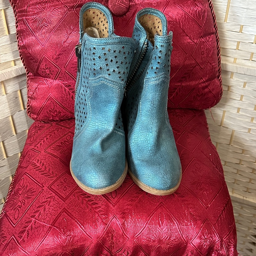 Teal Perforated Ankle Boots